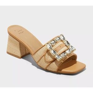 A New Day Raffia Block Heel Sandals Tan Crystal Buckle Slide Womens Size 7 NEW